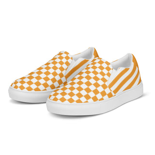 Women's Orange Checkerboard Stripe Slip-On Loafers Canvas Shoes