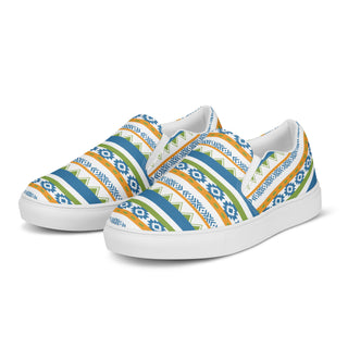 Women's Slip-On Loafers Blue Orange Green Patterned Canvas Shoes