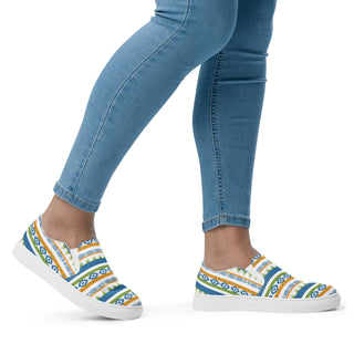 Women's Slip-On Loafers Blue Orange Green Patterned Canvas Shoes