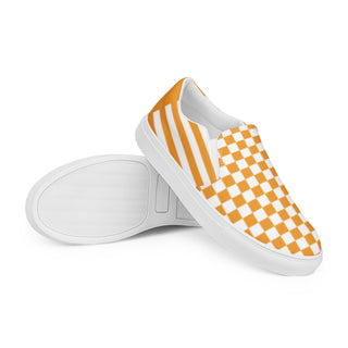 Women's Orange Checkerboard Stripe Slip-On Loafers Canvas Shoes