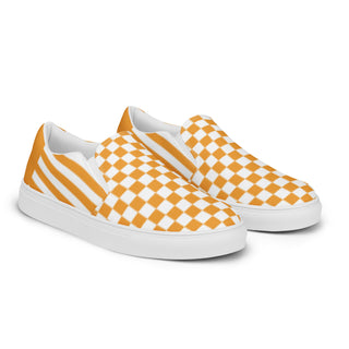 Women's Orange Checkerboard Stripe Slip-On Loafers Canvas Shoes